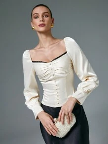 Poéselle Blusa de satén con mangas de farol, adornos de encaje negro y contraste de satén para mujer elegante, ropa de mujer para Navidad, blusa de manga larga, ropa de mujer de negocios, ropa de mujer de otoño e invierno