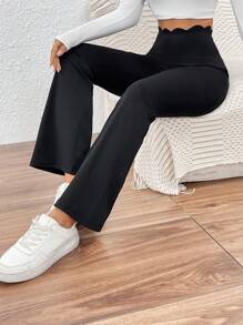 SHEIN Essnce Pantalones de mujer informales pantalón con pierna de campana, unicolor de cintura ancha, pantalones negros, jeans acampanados