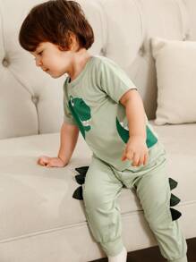 SHEIN 2pcs/Set Baby Boys Cartoon Dinosaur Print Short Sleeve Tee + Elastic Waist Long Pants, Soft Breathable Sports Outfit, Casual Wear For Spring - Green - View 5