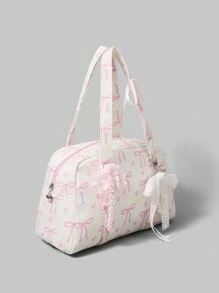 ROMWE Kawaii 灯芯绒蝴蝶结时尚便携式蝴蝶和心形印花女士手提包，粉色 - 米色 - 查看 5