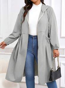 SHEIN LUNE Plus Size Solid Color Drawstring Hooded Coat, Casual Autumn