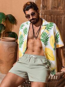 Manfinity VDAYZ Conjunto de playa para hombre con camisa de manga corta con estampado botánico y shorts de unicolor