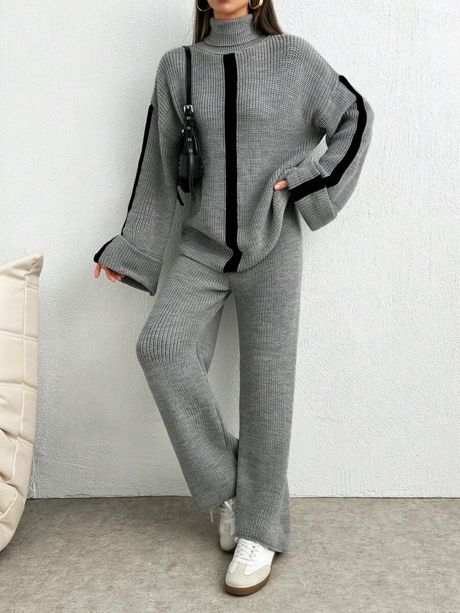 SHEIN Tall 2pcs/Set Winter Casual Colorblock Patchwork Turtleneck Sweater And Pants Suit - Grey - View 1