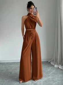Firerie Set de 2 piezas para mujer con top de cuello alto sin mangas y pantalón de pierna ancha