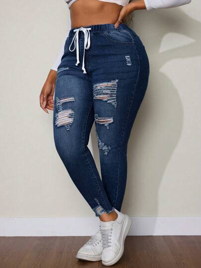 SHEIN SXY 大码系带前口袋破洞简约牛仔裤，休闲日常穿着