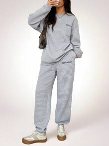 SHEIN Unity Autumn/Winter Casual Letter Print Sweatshirt And Sweatpants Set - Grey - View 1