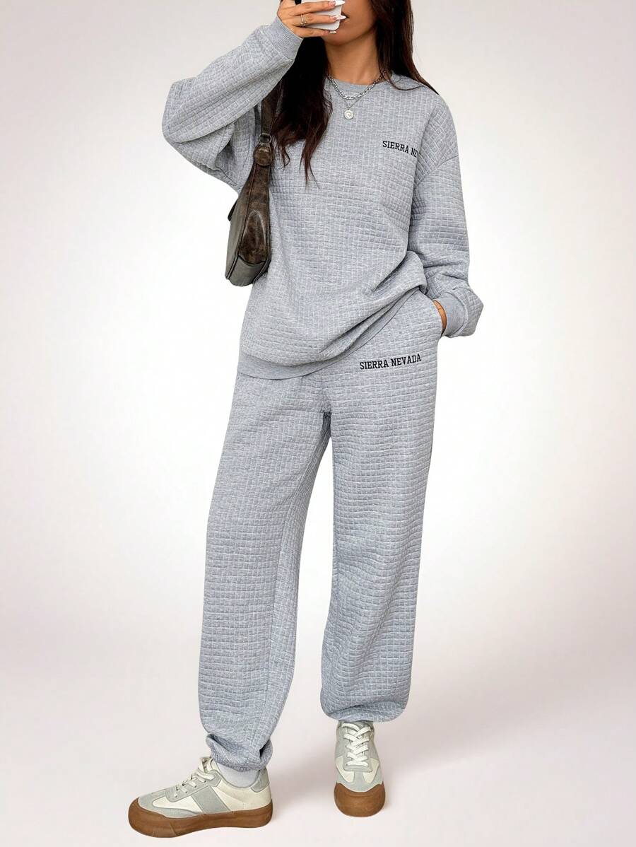 SHEIN Unity Autumn/Winter Casual Letter Print Sweatshirt And Sweatpants Set - Grey - View 1