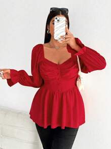 Flirla 大码女式红色长袖优雅纽扣衬衫，适合约会和派对新年服装荷叶边上衣