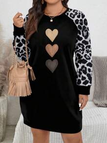 SHEIN LUNE 休闲简约心形豹纹印花长袖运动衫连衣裙，适合大码女士，秋冬 - 彩色 - 查看 1