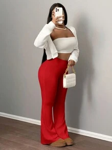 Slaydiva 女士瑜伽裤、高腰弹力紧身裤、塑身健身裤 - 紅色 - 查看 6