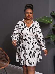 Slaydiva 女士优雅商务休闲印花收腰长袖衬衫裙，适合办公室穿着，秋季 - 杏色 - 查看 6