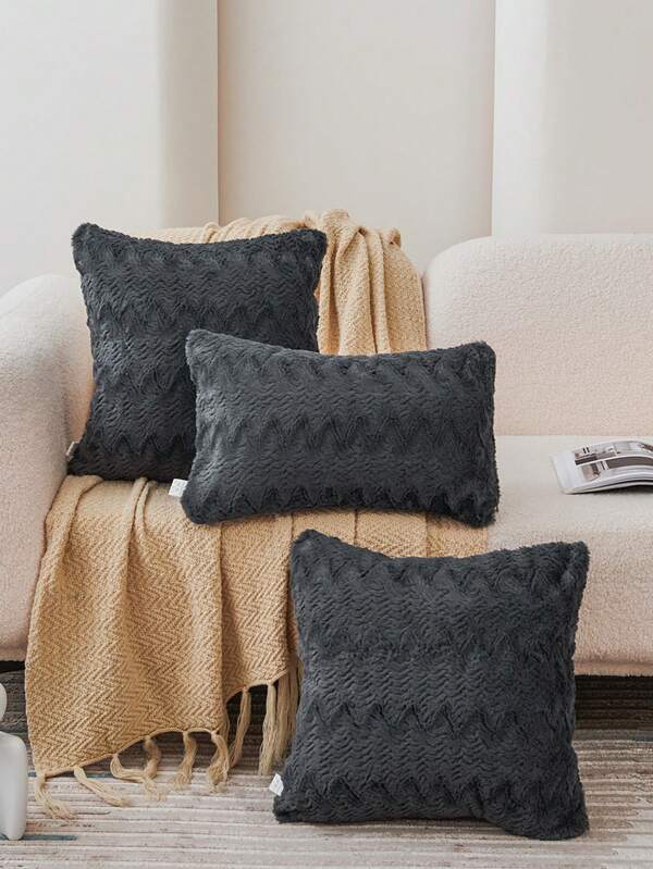 1 pieza Funda de cojín decorativa de piel de conejo sintética de color gris oscuro sin relleno, funda de almohada suave y esponjosa de franela moderna con cierre de cremallera para el hogar, para sofá, sala de estar