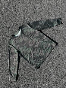 SHEIN T-shirt décontracté à manches longues col rond imprimé camouflage pour pré-ados