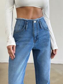 EURMUSE Women's Front Button Pocket Simple Denim Casual Pants, Everyday Casual Wear - Medium Wash - View 2