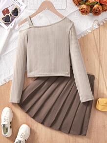 Tween Girl Specialty Knit Side Strap Top And Pleated A-Line Skirt 2 Pieces Set, Autumn - Khaki - View 2