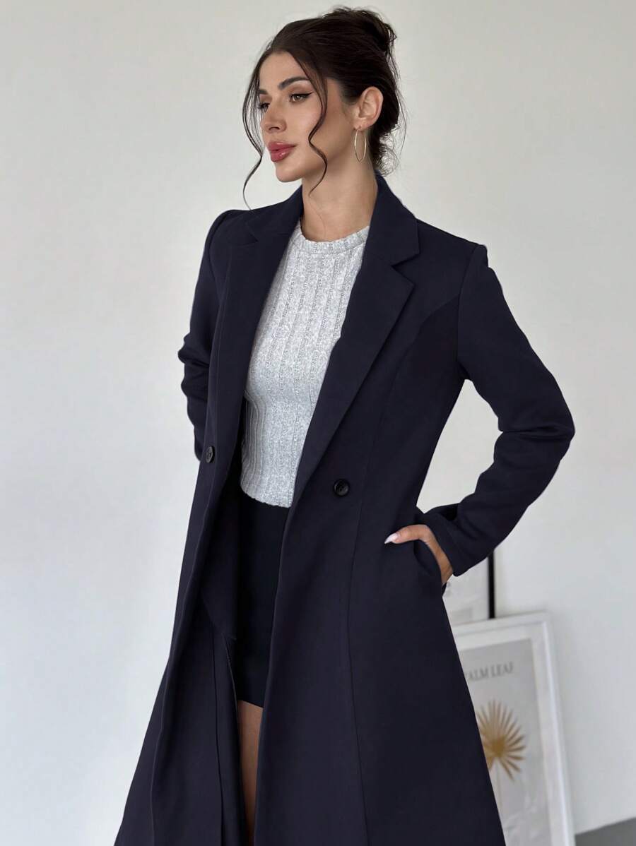 Firerie 女式紫红色长袖合身及膝大衣 - 藏蓝色 - 查看 1