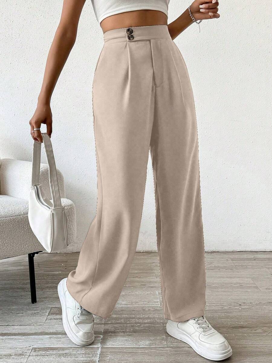 Flirla Casual Solid Color Pleated Straight Leg Dress Pants - Apricot - View 1