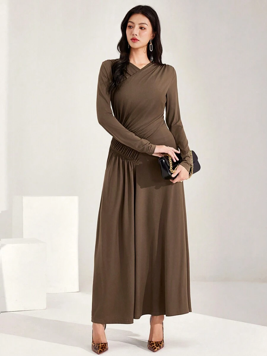 Modelyn Women's Solid Color V-Neck Long Sleeve Pleated Minimalist Long Arabic Style Dress - Mocha Brown - View 1