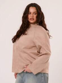 MUSERA Plus Size Faux Suede Exposed Seam Long Sleeve Jacket For Holiday,Streetwear, Evert Day, Casual, Holiday - Khaki - View 2