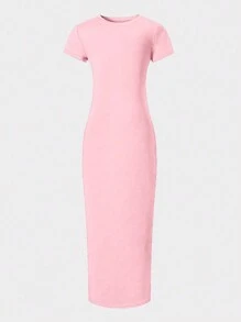 SHEIN Wildeya Vestido casual de manga corta y longitud a la rodilla, sencillo y combinable, para adolescentes