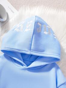 SHEIN Tween Girl 2024 Autumn/Winter New Design Back Text & Letter Embroidery Hooded Sweatshirt - Blue - View 5