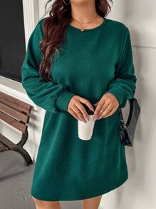 SHEIN LUNE Vestido midi informal de talla grande de unicolor y texturizado, nuevo atuendo de otoño y año nuevo para mujeres, vestido verde, vestidos de invierno para mujeres - Verde - Ver 1