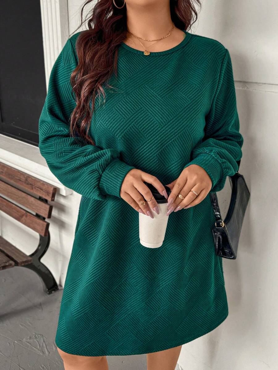 SHEIN LUNE Vestido midi informal de talla grande de unicolor y texturizado, nuevo atuendo de otoño y año nuevo para mujeres, vestido verde, vestidos de invierno para mujeres - Verde - Ver 1
