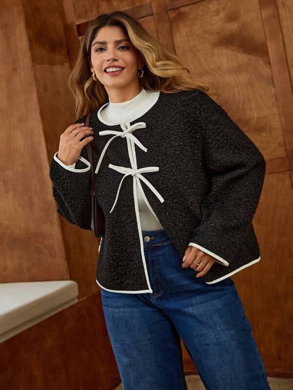 Elaquor Plus Size Lace-Up Color Block Ruffle Trim Bow Decor Pocket Elegant Long Sleeve Jacket