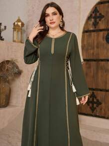 Al Najma Plus Size Women V-Neck Long Sleeve Split Tie-Up Tassel Waist Slim Elegant Arabian Dress, Plus Size Arabian Dresses,Modest
