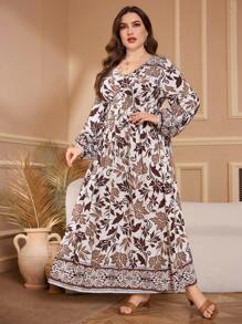 Lacomfia Casual Leaf Floral Print V-Neck Waisted Long Sleeve A-Line Dress, Plus Size, Suitable For Spring & Autumn