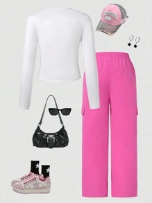 Tween Girl Cartoon Print Crew Neck Long Sleeve T-Shirt And Cargo Pants 2 Pieces Casual Set, Autumn - Hot Pink - View 2