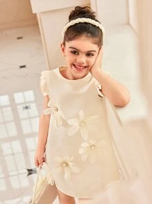 Young Girl Round Neck Sleeveless Simple Casual Dress With 3D Floral Decor - Multicolor - View 4