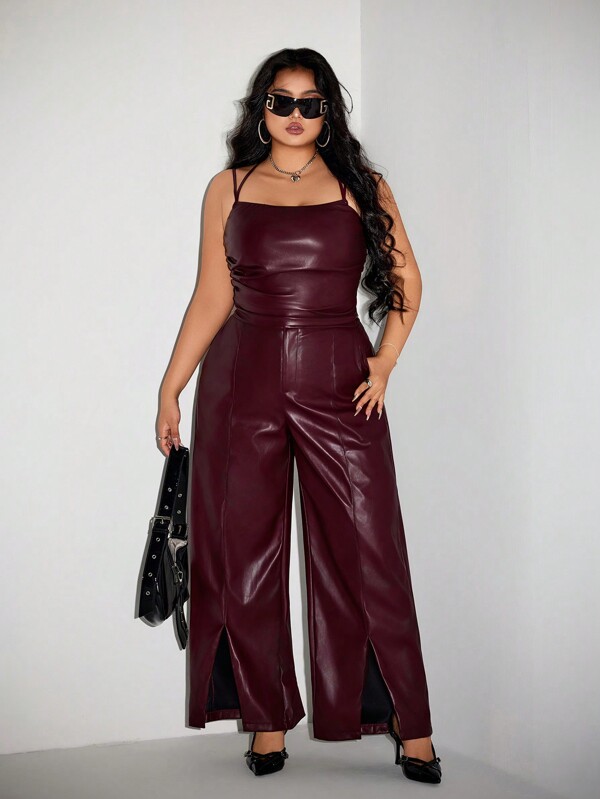 SHEIN ICON Pantalones rectos de talla grande de piel de imitación con abertura frontal en burdeos