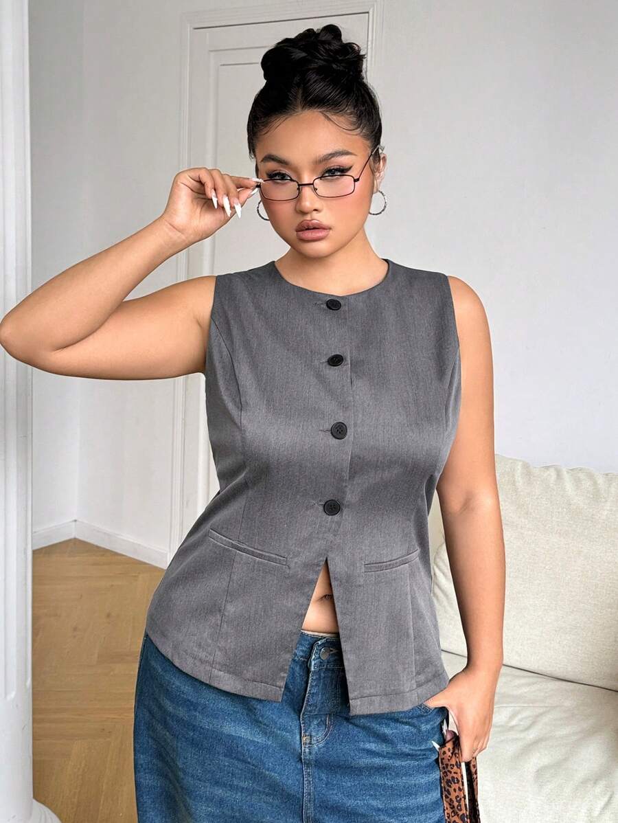 SHEIN EZwear 大码灰色无袖纽扣前背心外套 - 深灰色 - 查看 1