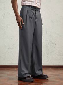 AKNOTIC Business Casual 男士编织长款中腰休闲直筒裤，适合日常搭配 - 深灰色 - 查看 3