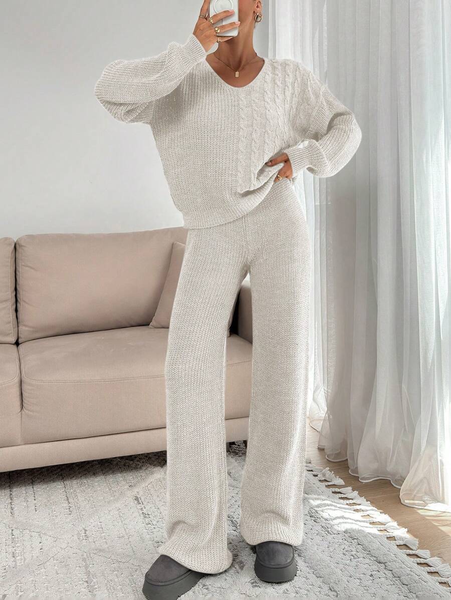 EURMUSE Knitwear Sweater Co-Ords With Pants And Cable Pattern