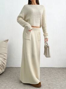 SHEIN Tall 2pcs Vintage Versatile Crew Neck Long Sleeve Knit Sweater + Elastic Waist Mid-Length Skirt Set