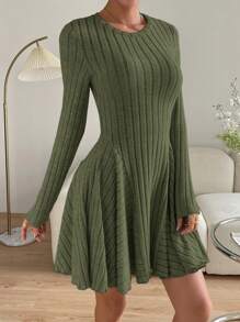 SHEIN Essnce 女士纯色圆领罗纹休闲短款长袖连衣裙