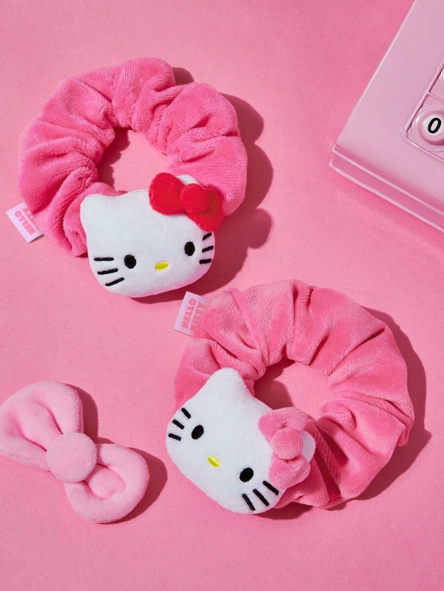 HELLO KITTY AND FRIENDS | SHEIN 2 件粉色卡通小猫发圈，带柔软毛绒饰品 - 粉色 - 查看 1