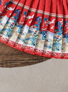 SHEIN 2 Sets Of Baby Girls 24/25 Gorgeous Blouse Embroidery Pattern + Pleated Red Skirt, Autumn And Winter Fashion Heavy Industry Hanfu
