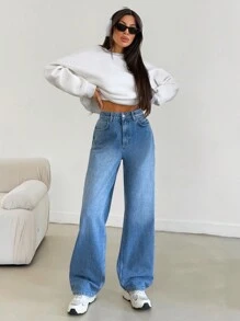 EURMUSE HIGH RISE STRAIGHT JEAN WITH POCKET DETAIL - Medium Wash - View 1