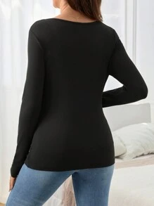 SHEIN Camiseta de manga larga y ajustada de unicolor con lazo para mujeres embarazadas, elegante - Negro - Ver 2