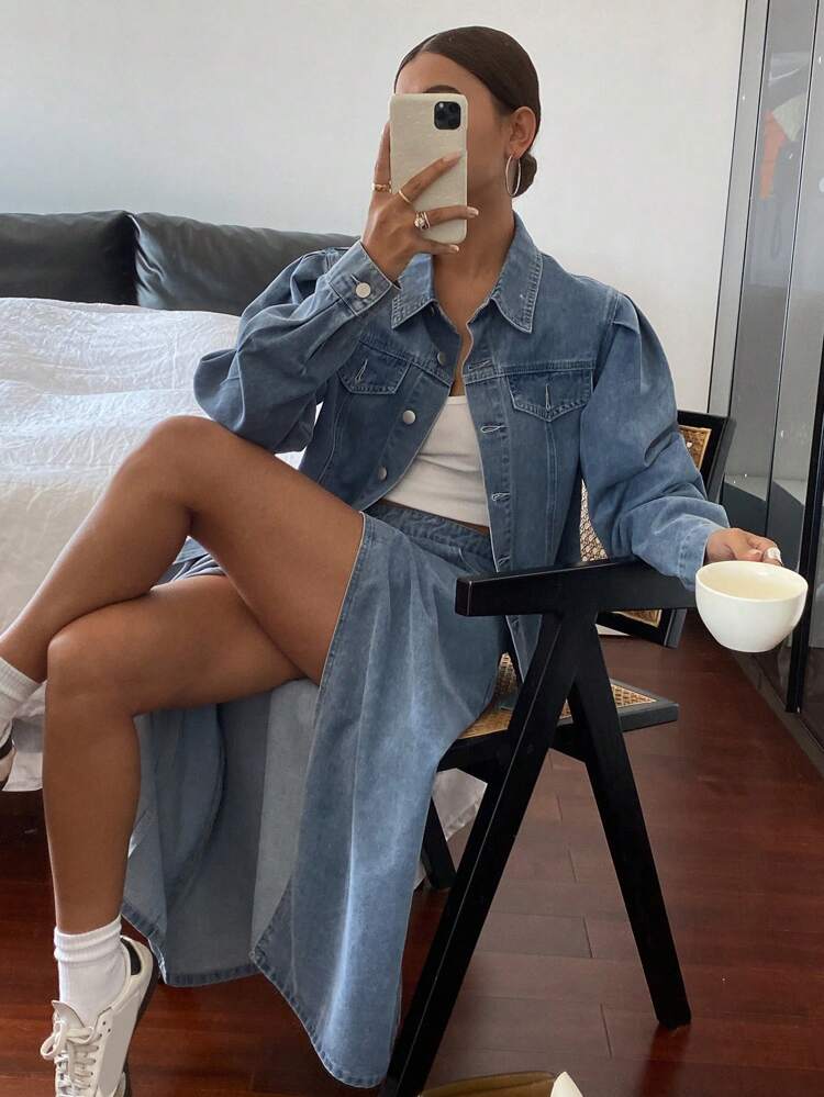 Women's Casual Autumn Pleated Wrap Denim Suit, Top & Skirt