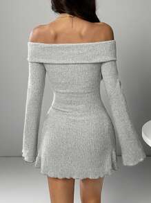 SHEIN EZwear 女士扣饰露肩长袖休闲中长连衣裙 - 灰色 - 查看 2
