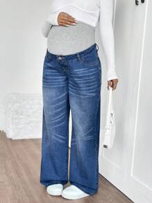 SHEIN Maternity Grey Knit Belly Support Blue Denim Loose Fit Pants - Blue - View 6