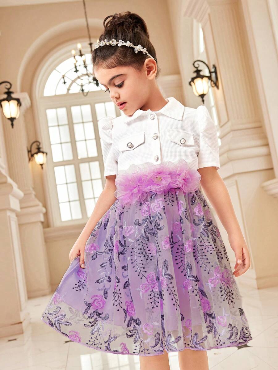 SHEIN Elegant Young Girls 2 Pieces Set:Abaya Vest Jacket Shirt Cardigan,Embroidered Illusion Mesh Overlay Dress,3D Floral Belt,7th Birthday,Summer Events - Multicolor - View 1