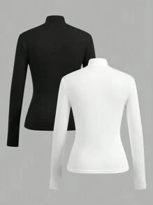 SHEIN EZwear 2pcs Women Semi-High Neck Slim Fit Long Sleeve Basic T-Shirt Set Fall Clothes - Black and White - View 2