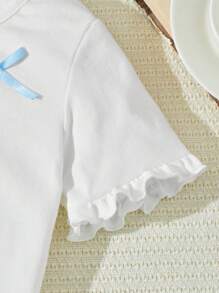SHEIN Tricou din tricot larg pentru fete, franceză, elegantă, cu decor alb cu fundă, toamnă/iarnă - alb - Vizualizare 6