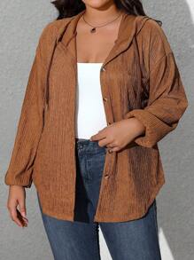 INAWLY Chaqueta con capucha y cordón ajustable de unicolor texturizado, informal, para otoño, talla grande - Caqui - Ver 5