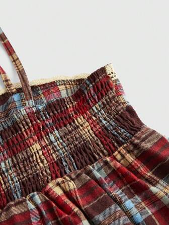 ROMWE Academia Top de tirantes casual y vintage de mujer con botones, cuadros delanteros y ribete de encaje cruzado